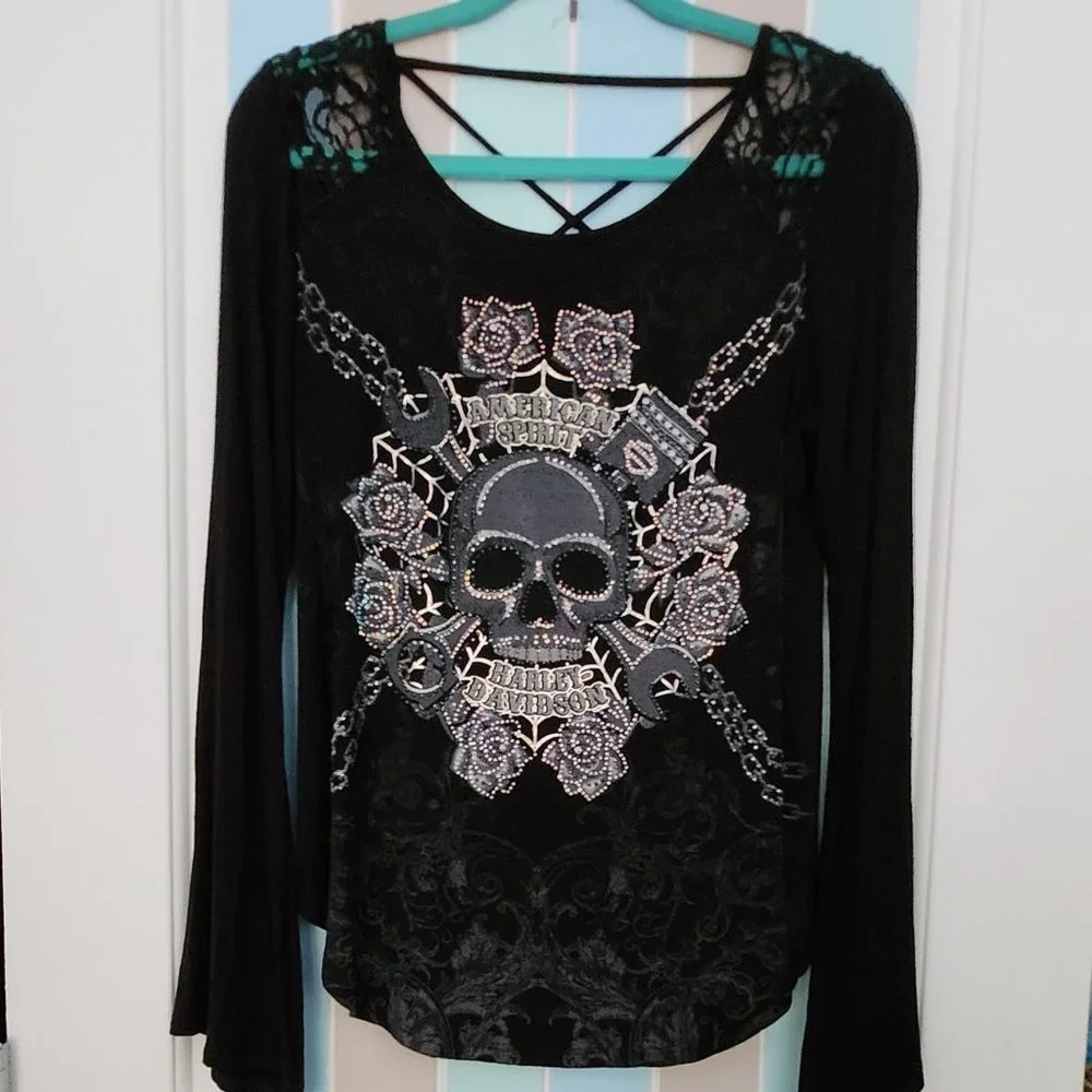 Harley Davidson Women's Long Sleeve Black Lace Top Size M - Picture 1 of 8